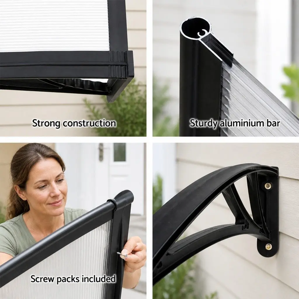 Window Door Awning Canopy 1m x 4m Clear Panel Black Brackets DIY Shade Cover