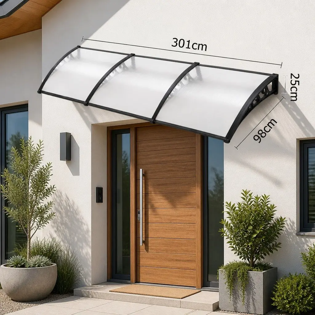 Awning PC Panel 1m x 3m Transparent Canopy with Aluminium Bars and Plastic Brackets