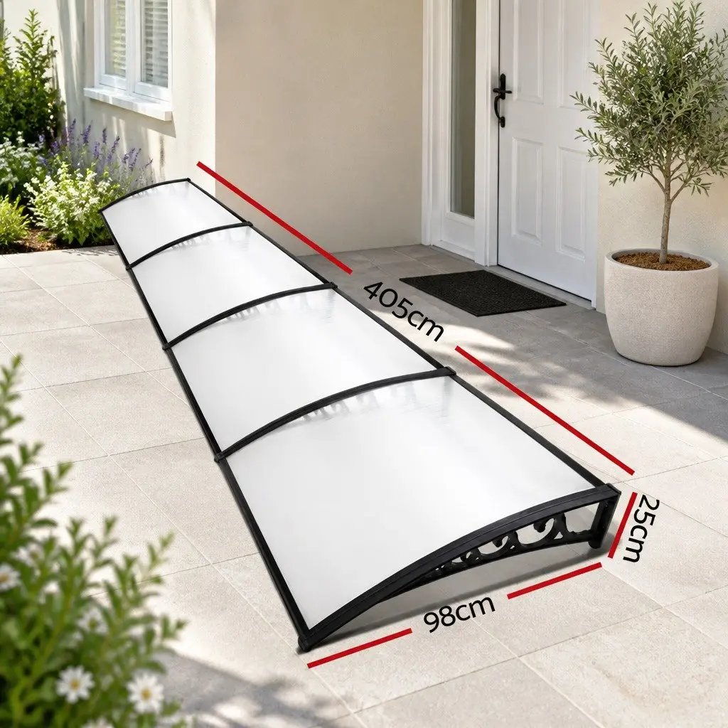 Window Door Awning Hollow PC Panel 1m x 4m Transparent with Black Brackets