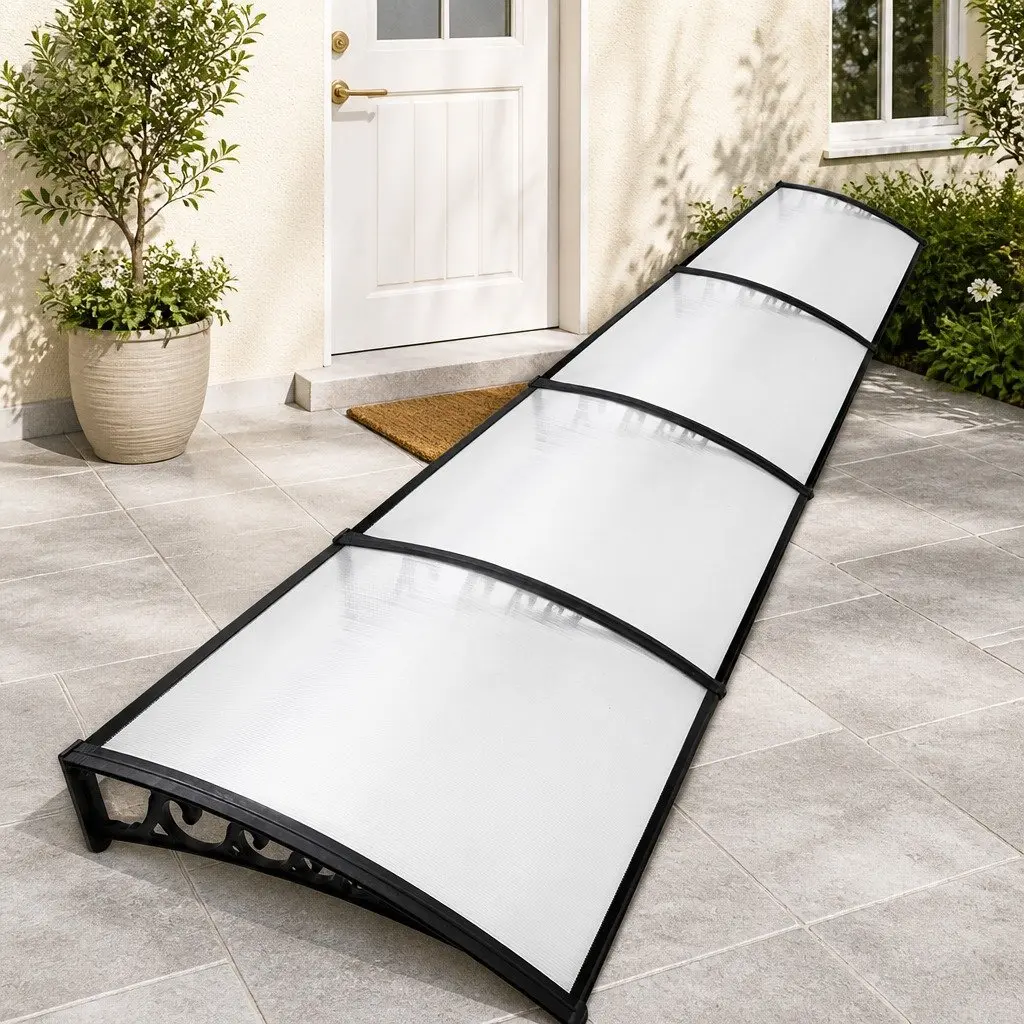 Window Door Awning Hollow PC Panel 1m x 4m Transparent with Black Brackets