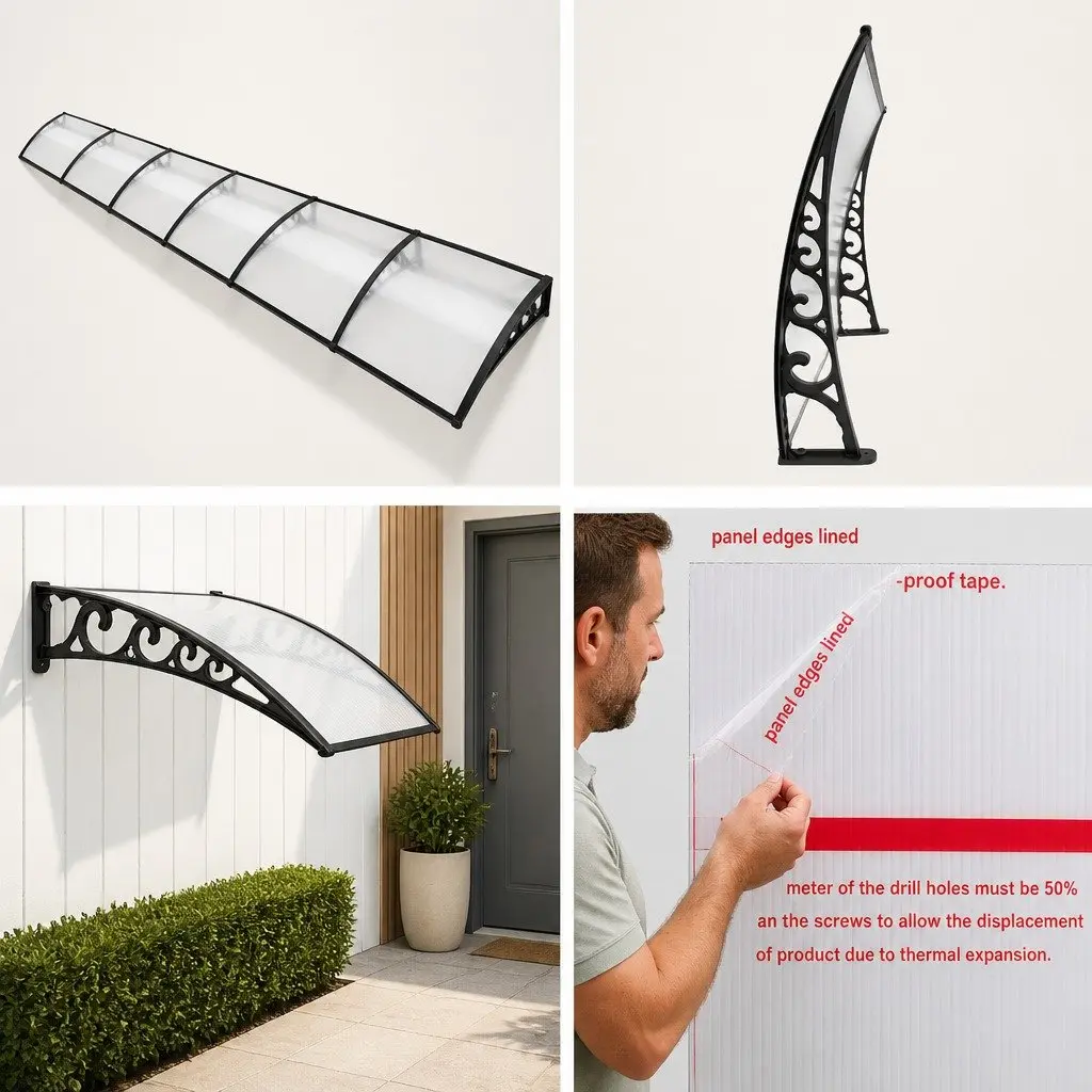 Window Door Awning 1m x 6m Transparent PC Panel Canopy Balcony Cover Shade