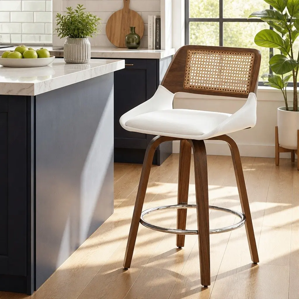 Bar Stools Swivel Kitchen Counter Stool Chair White PU Rattan 60cm Seat Height