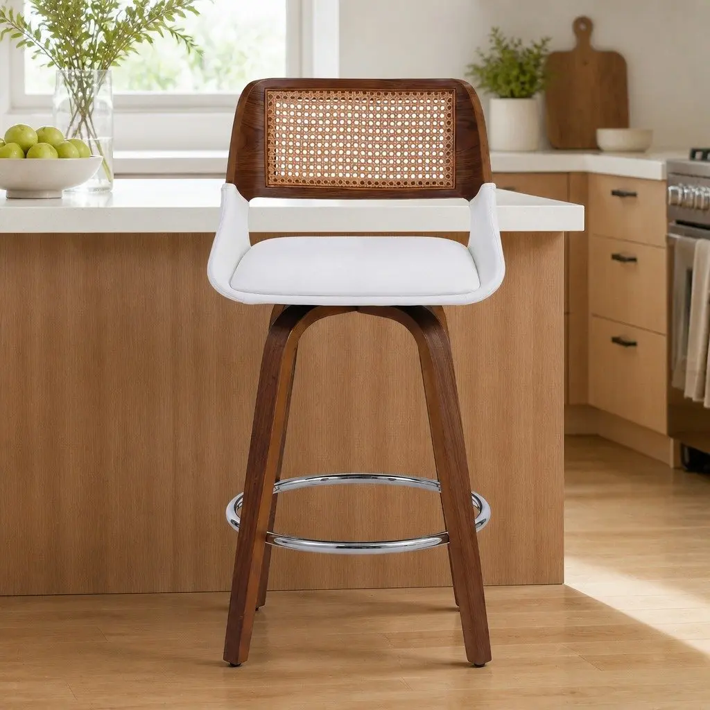 Bar Stools Swivel Kitchen Counter Stool Chair White PU Rattan 60cm Seat Height