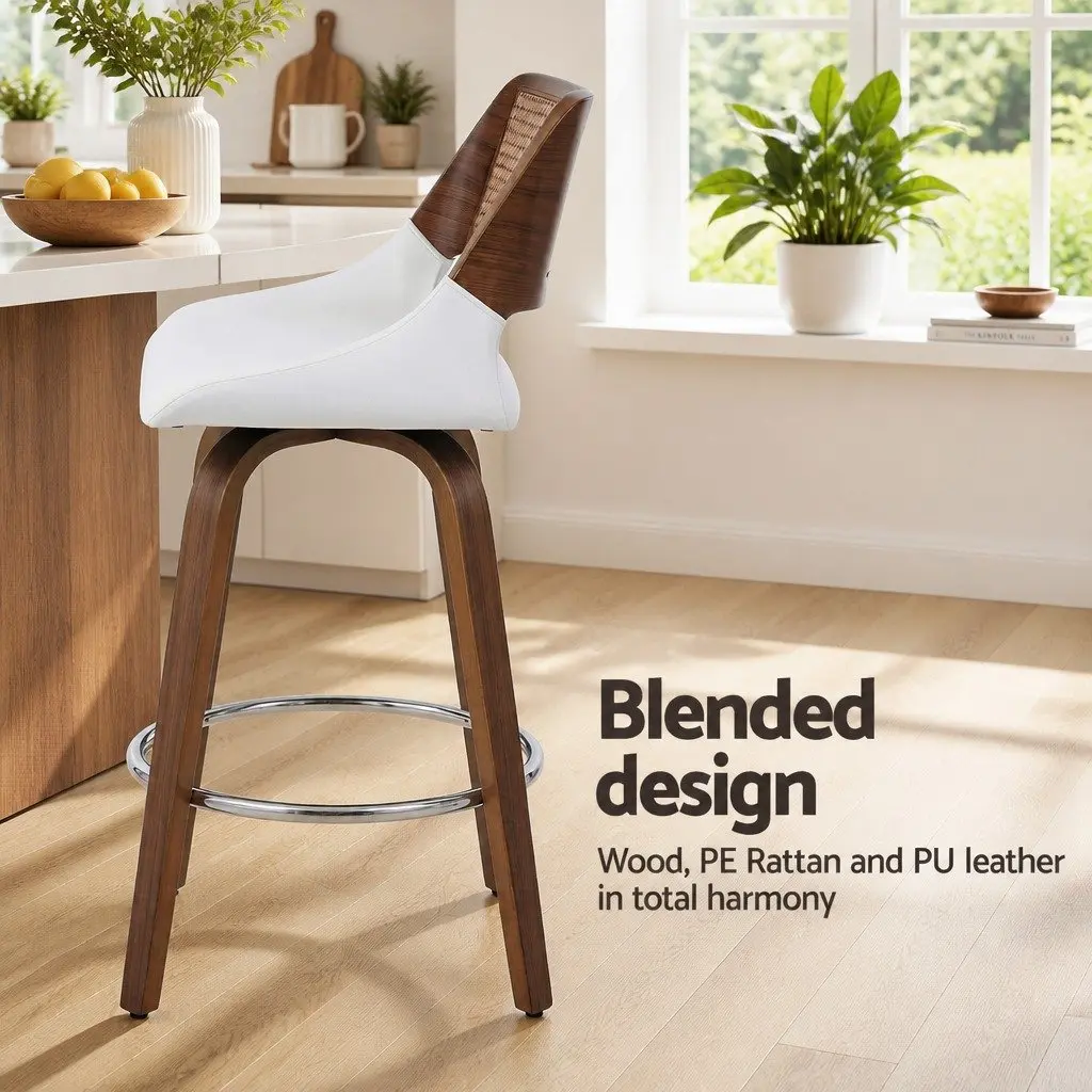 Bar Stools Swivel Kitchen Counter Stool Chair White PU Rattan 60cm Seat Height