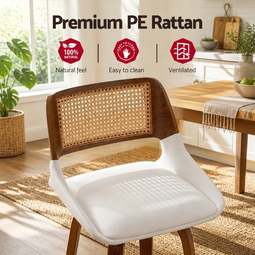 Bar Stools Swivel Kitchen Counter Stool Chair White PU Rattan 60cm Seat Height
