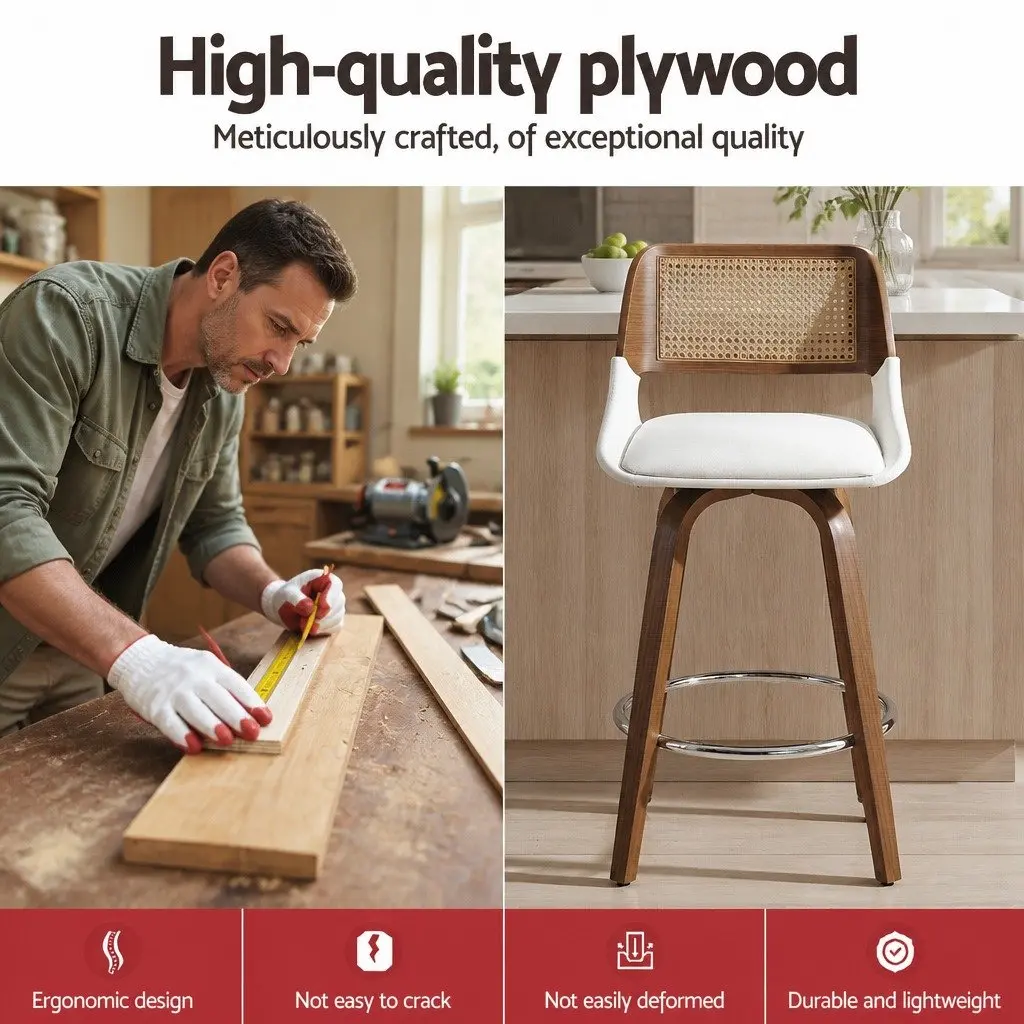 Bar Stools Swivel Kitchen Counter Stool Chair White PU Rattan 60cm Seat Height