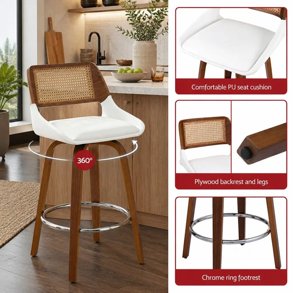 Bar Stools Swivel Kitchen Counter Stool Chair White PU Rattan 60cm Seat Height