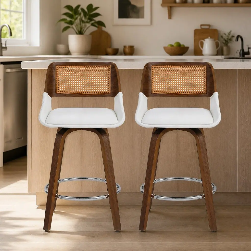 Bar Stools Swivel Kitchen Counter Chairs 60cm Seat Height Chrome White PU Rattan