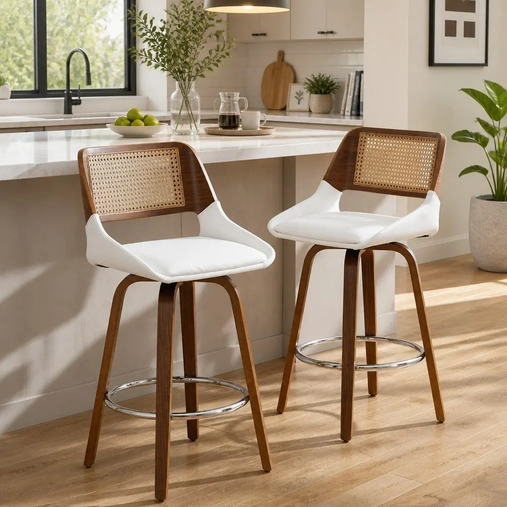 Bar Stools Swivel Kitchen Counter Chairs 60cm Seat Height Chrome White PU Rattan