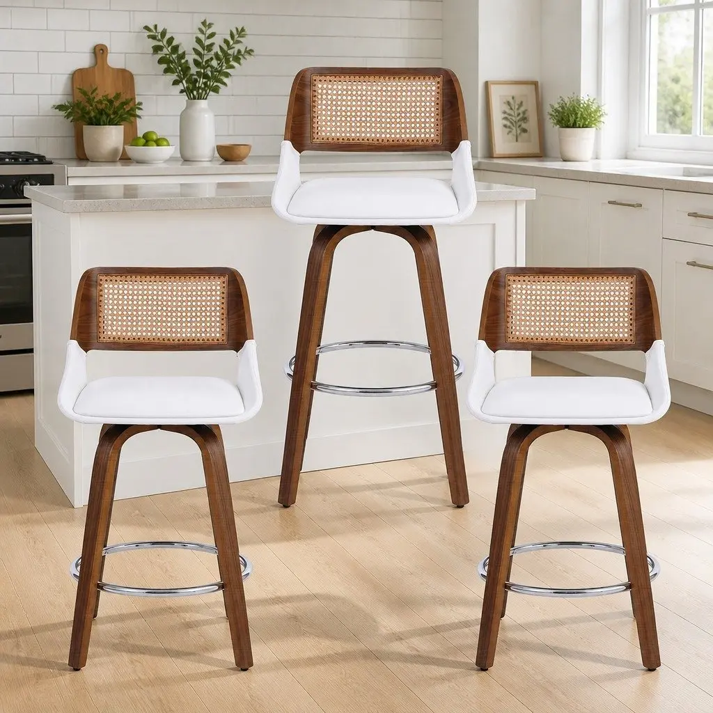 Bar Stools Swivel Plywood 60cm Seat Height Walnut White Set of 3