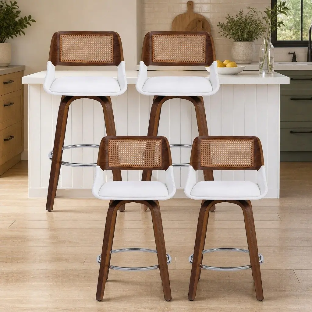 Bar Stools PE Rattan Backrest 60cm Seat Height Walnut White Set of 4