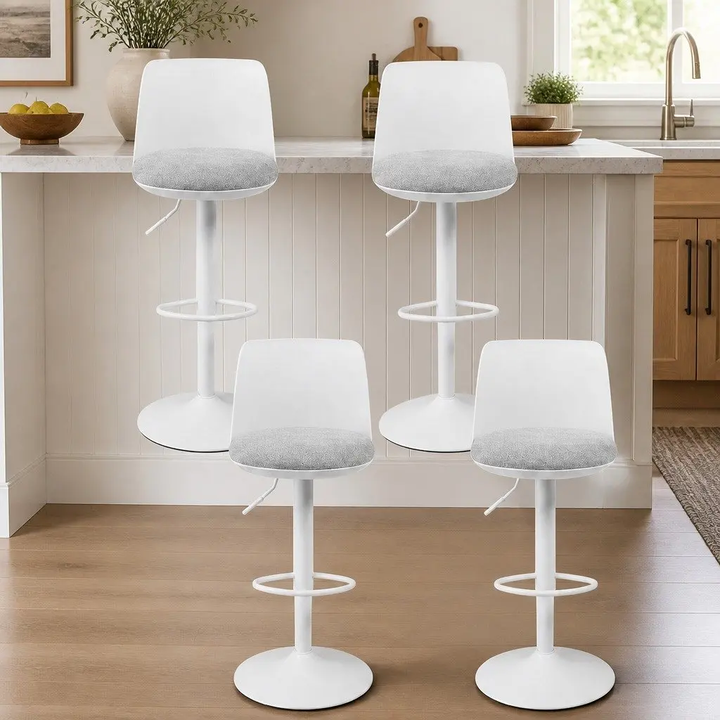 Bar Stools Faux Linen Adjustable Height Set of 4 White Ergonomic Curved Backrest