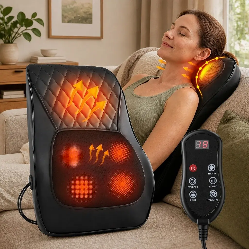 Back Massager with Heat and Traction Neck Shoulder Massage Pillow Lumbar Support
