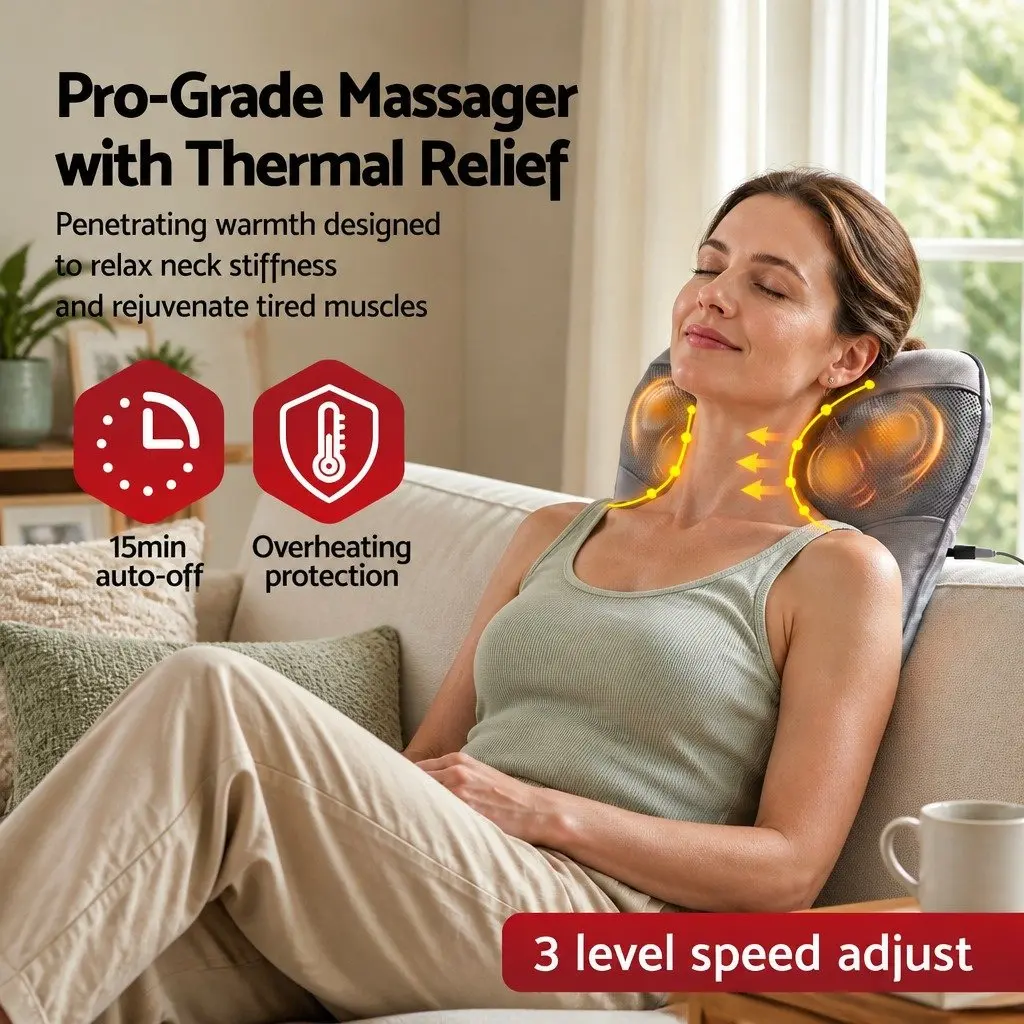 Massage Pillow USB Neck Shoulder Lumbar Support Grey 34cm x 32cm