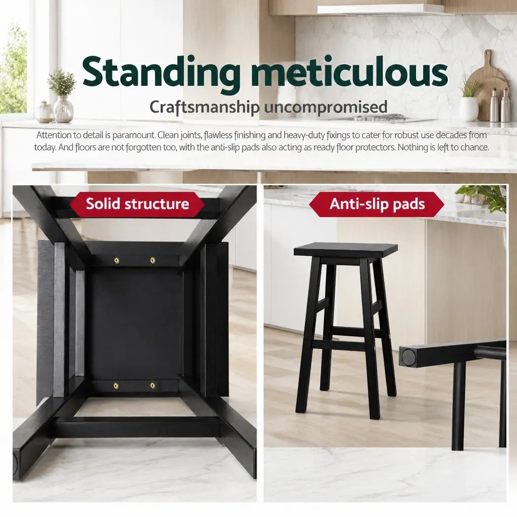 Bar Stools Beech Wood 66.5cm Black Seat x2 Pack Footrest