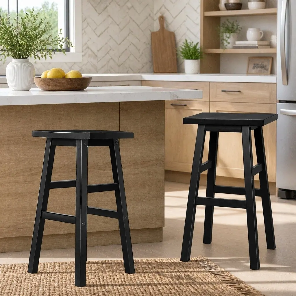 Bar Stools Beech Wood 66.5cm Black Seat x2 Pack Footrest