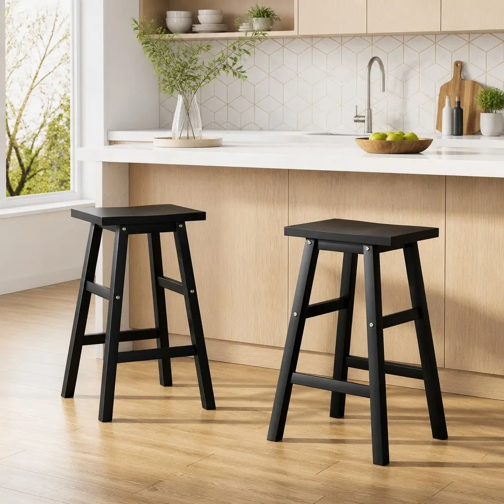 Bar Stools Beech Wood 66.5cm Black Seat x2 Pack Footrest