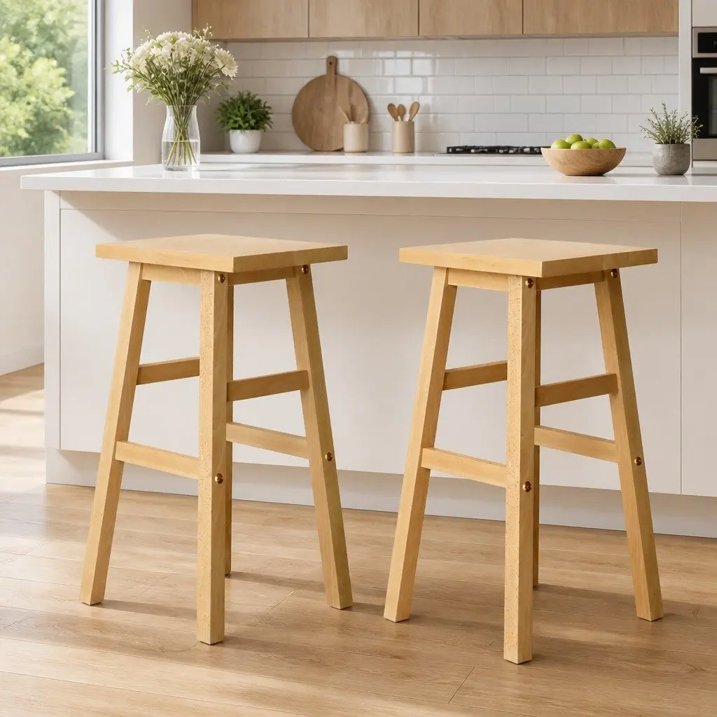 Bar Stools Wooden Natural Light Wood Tone Set 2 Piece