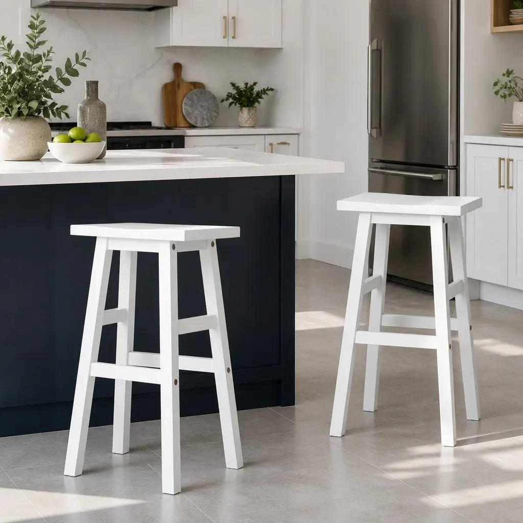 Bar Stools Wooden White Set of 2 Kitchen Counter Chairs 66.5cm Height