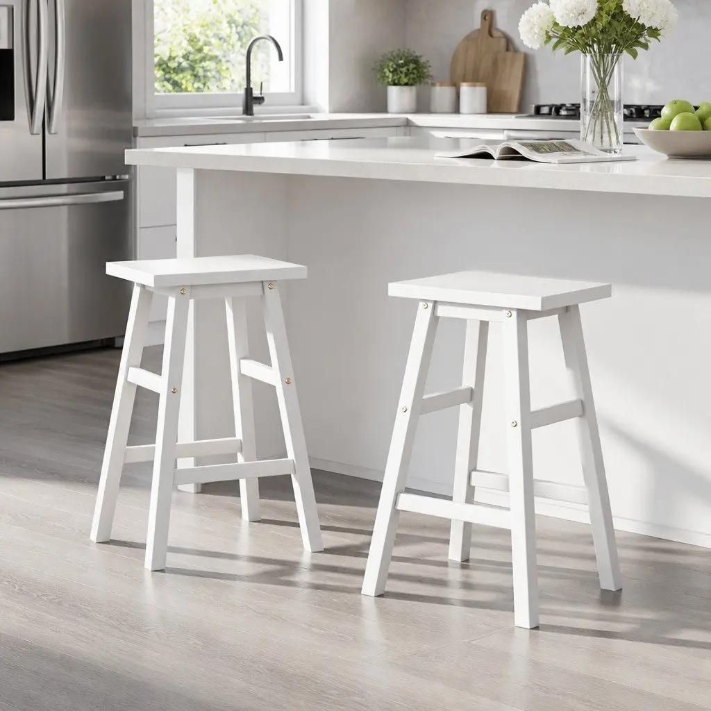 Bar Stools Wooden White Set of 2 Kitchen Counter Chairs 66.5cm Height