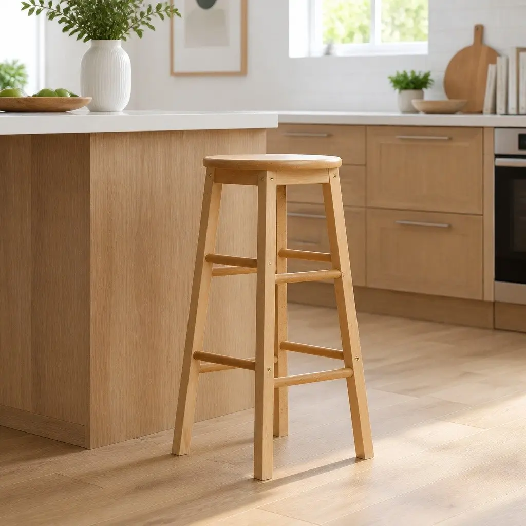 Bar Stools Set of 2 Round Wooden Chairs Natural Light Wood Tone Kitchen Dining