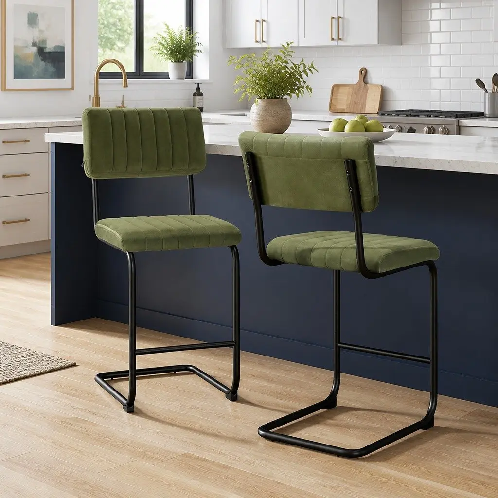 Bar Stools Velvet Cushioned Seat Back Support Metal Footrest Green 2 Piece