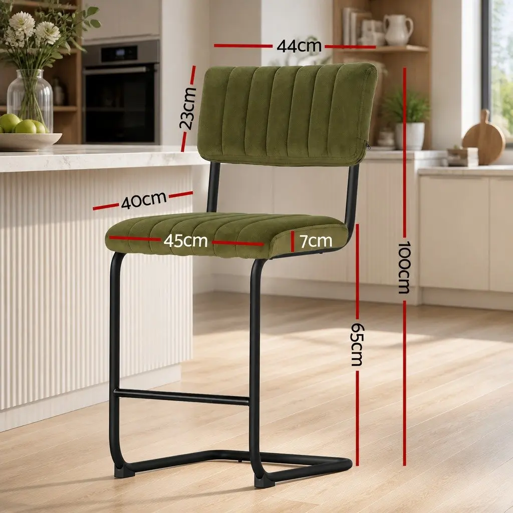 Bar Stools Velvet Cushioned Seat Back Support Metal Footrest Green 2 Piece