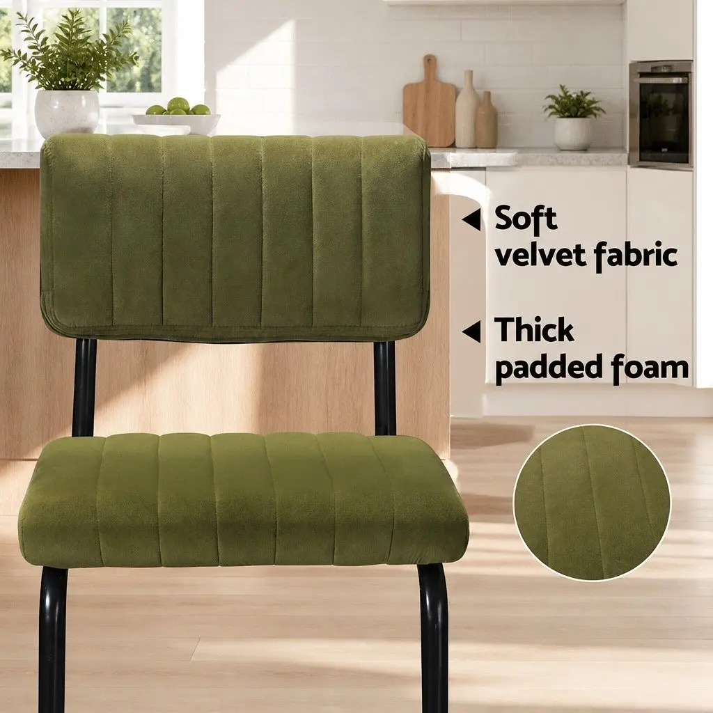 Bar Stools Velvet Cushioned Seat Back Support Metal Footrest Green 2 Piece