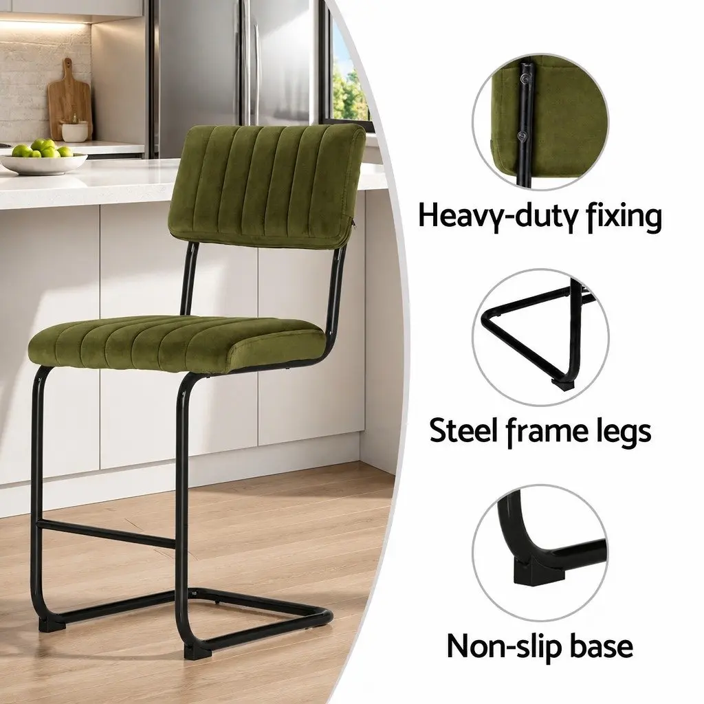 Bar Stools Velvet Cushioned Seat Back Support Metal Footrest Green 2 Piece