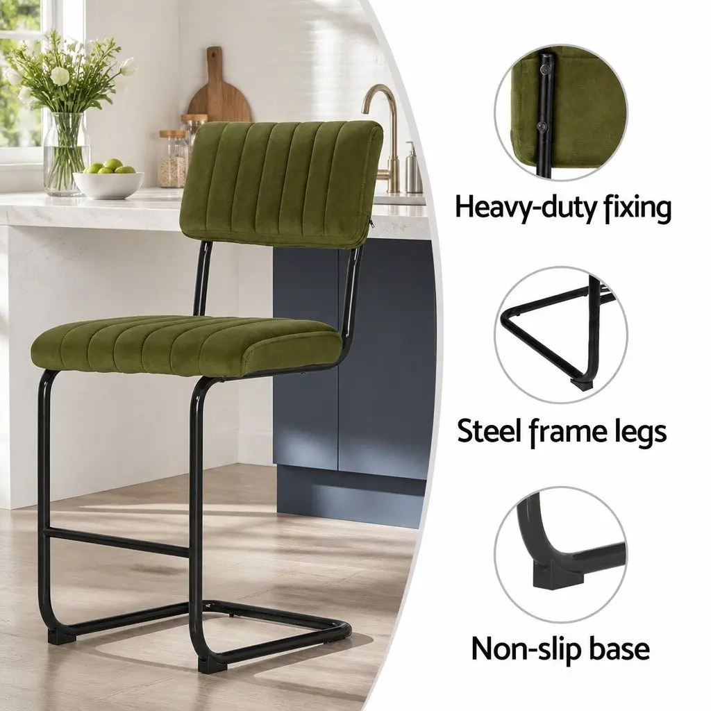 Green Velvet Cushioned Bar Stools Metal Frame 65cm Seat Height Set of 4