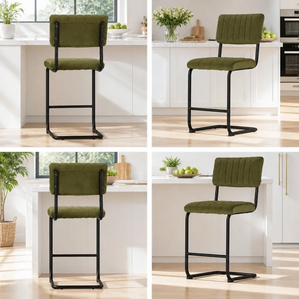 Green Velvet Cushioned Bar Stools Metal Frame 65cm Seat Height Set of 4