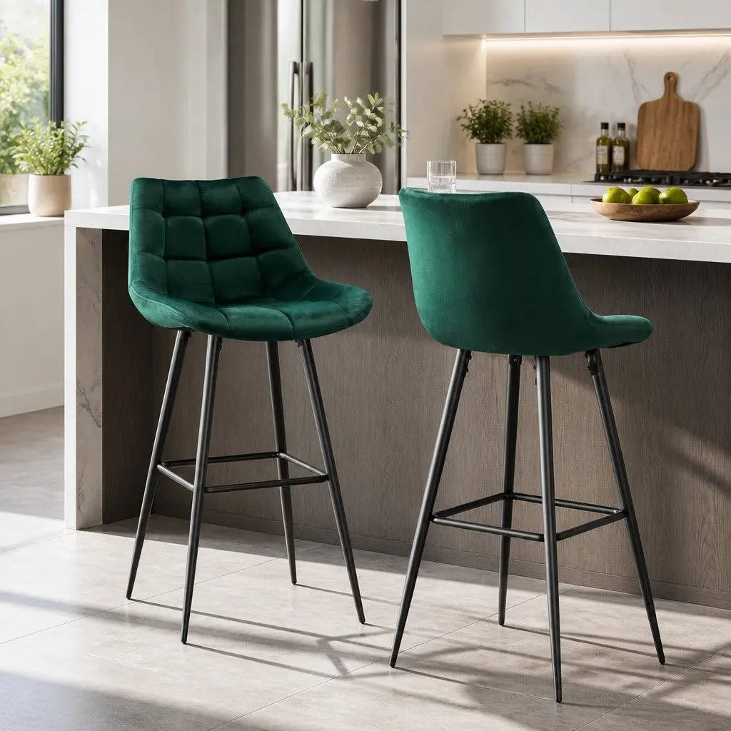 Bar Stools Green Velvet Metal Frame Footrest Backrest Set of 2