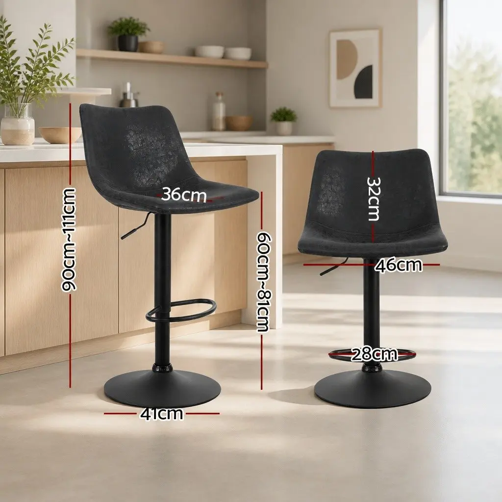 Bar Stools Vintage Leather Swivel Gas Lift Black 2 Pack Padded Seat Height