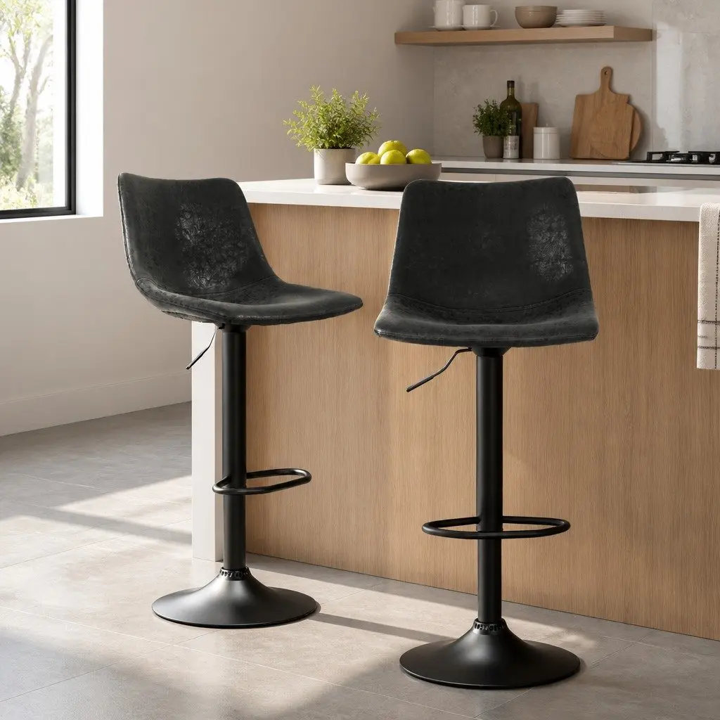 Bar Stools Vintage Leather Swivel Gas Lift Black 2 Pack Padded Seat Height