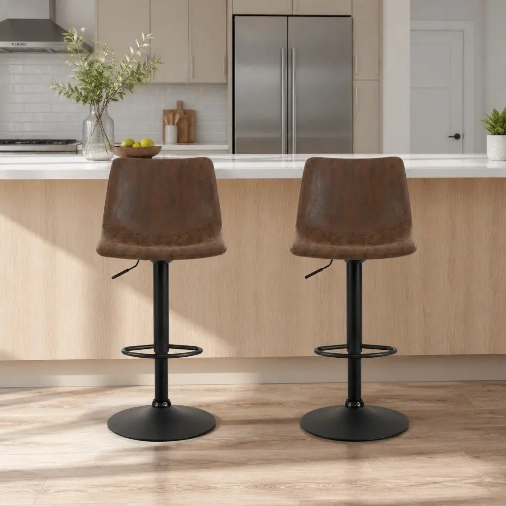 Vintage Bar Stools Brown Faux Leather High Back Padded Seats 2 Piece Swivel Gas Lift