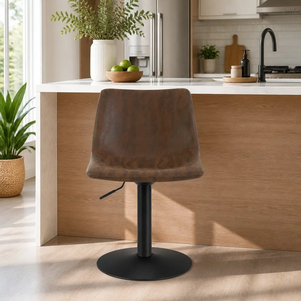 Vintage Bar Stools Brown Faux Leather High Back Padded Seats 2 Piece Swivel Gas Lift