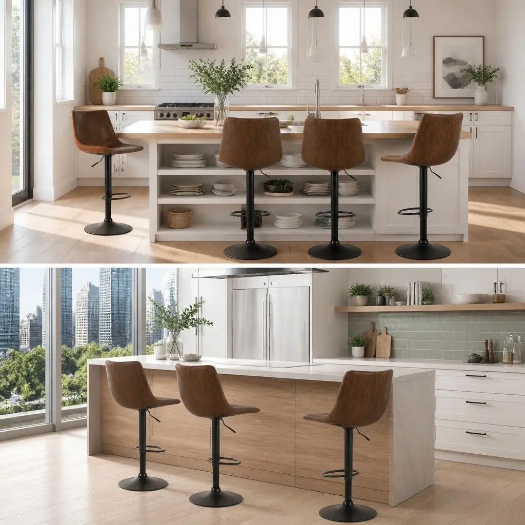 Vintage Bar Stools Brown Faux Leather High Back Padded Seats 2 Piece Swivel Gas Lift