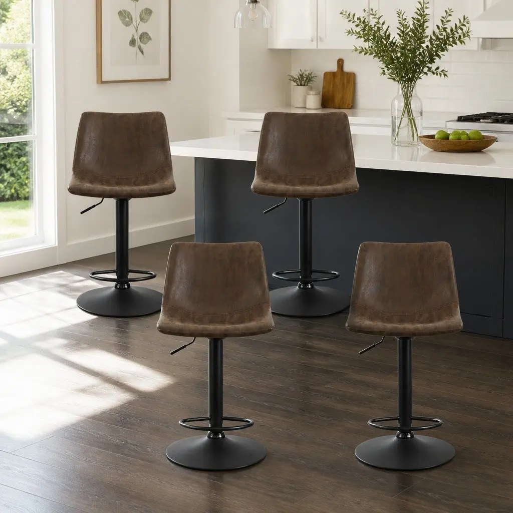 Bar Stools Faux Leather Vintage Style Adjustable Height Brown Set of 4