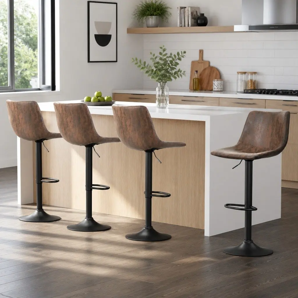 Bar Stools Faux Leather Vintage Style Adjustable Height Brown Set of 4