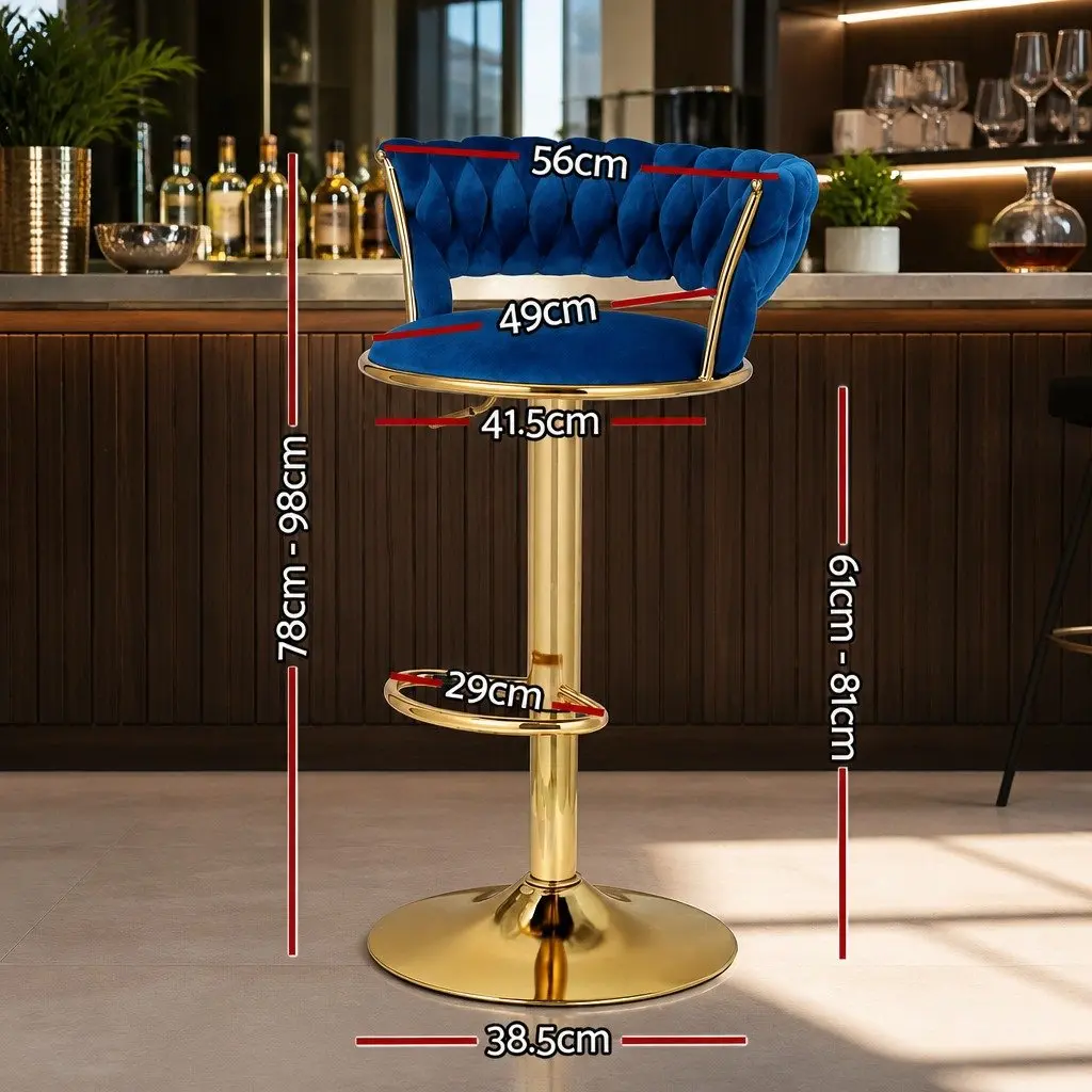 Bar Stools Gas Lift Velvet Woven Backrest Swivel Chair Set Navy Blue