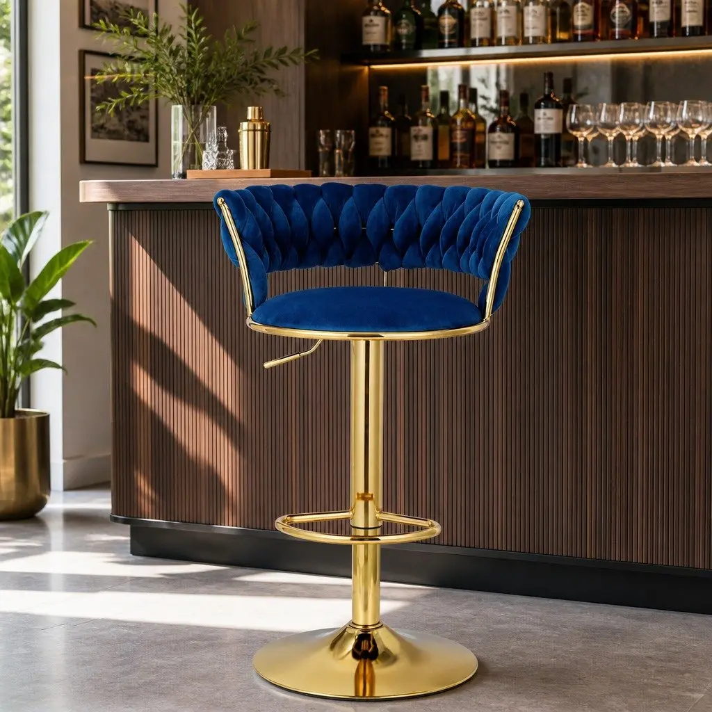 Bar Stools Gas Lift Velvet Woven Backrest Swivel Chair Set Navy Blue