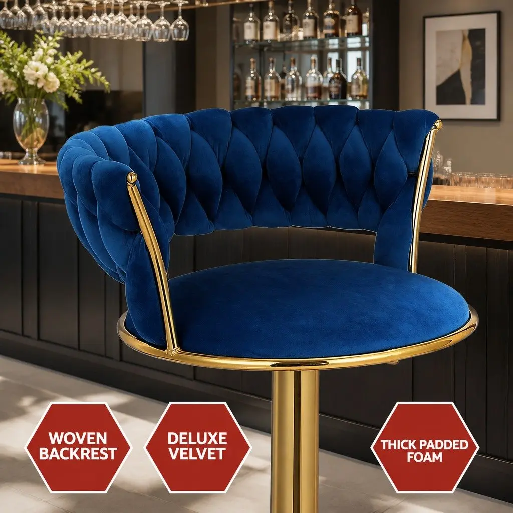 Bar Stools Gas Lift Velvet Woven Backrest Swivel Chair Set Navy Blue