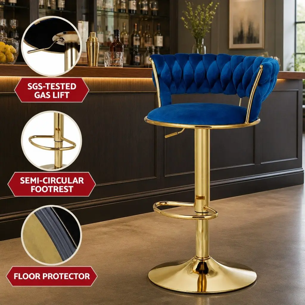 Bar Stools Gas Lift Velvet Woven Backrest Swivel Chair Set Navy Blue