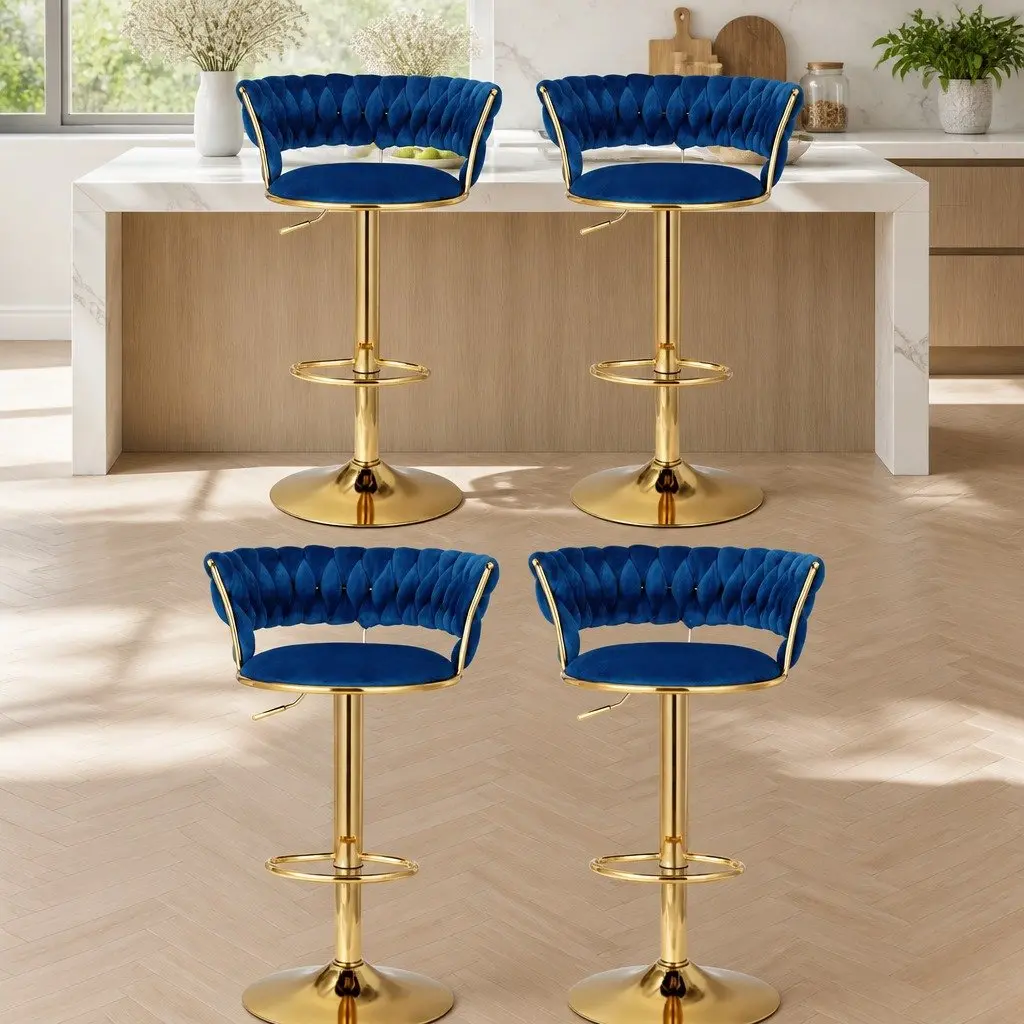 Bar Stools Velvet Woven Backrest Height Adjustable Navy Blue Set of 4