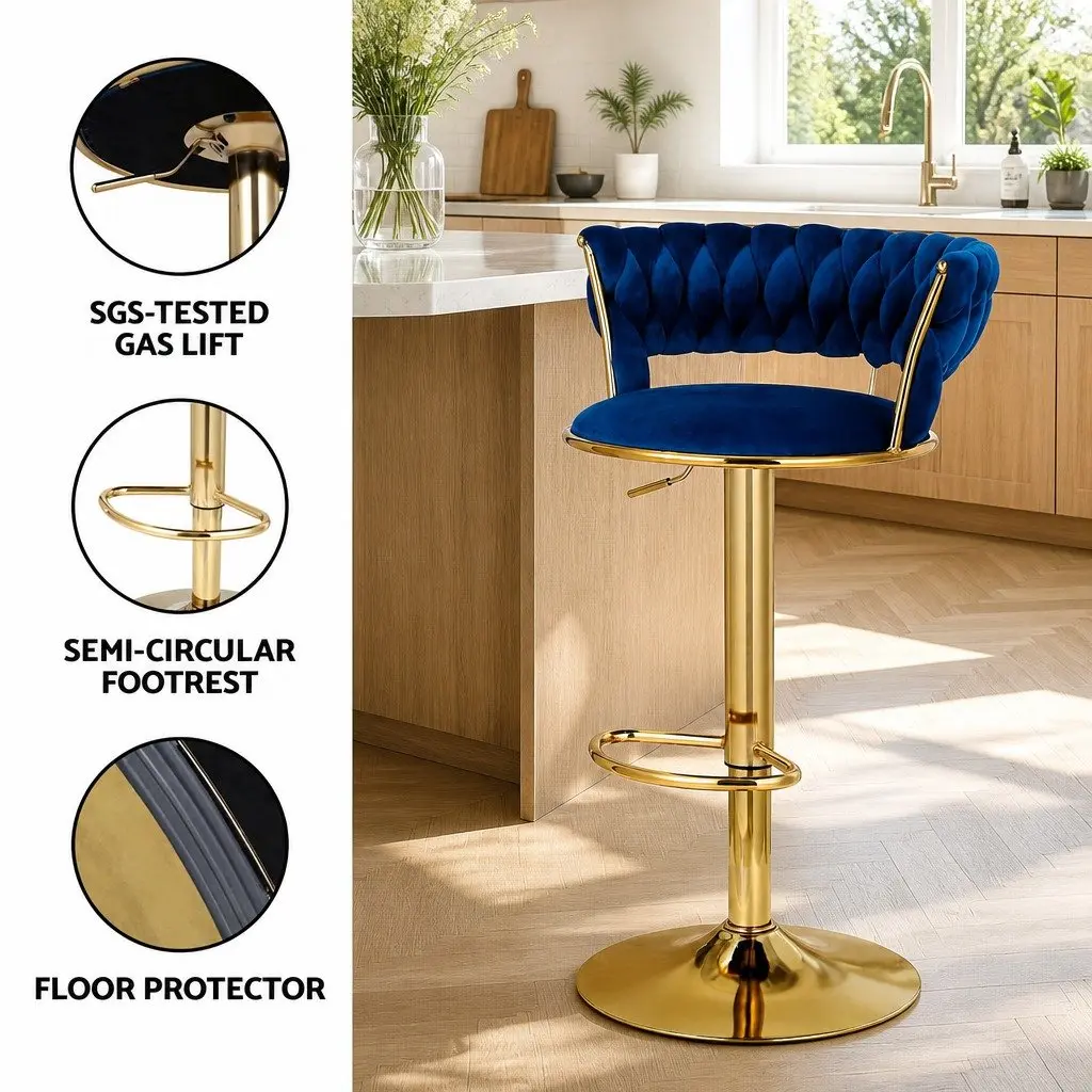 Bar Stools Velvet Woven Backrest Height Adjustable Navy Blue Set of 4