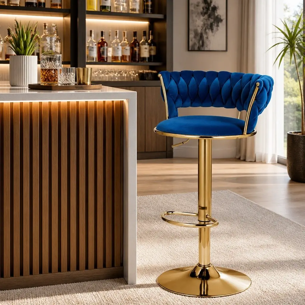 Bar Stools Velvet Adjustable Height Gas Lift Swivel Seat Navy Blue