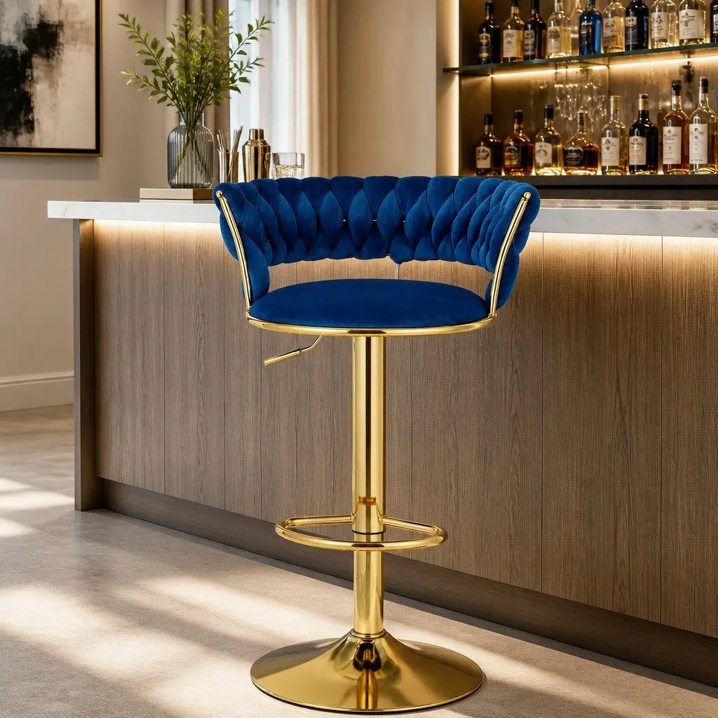 Bar Stools Velvet Adjustable Height Gas Lift Swivel Seat Navy Blue