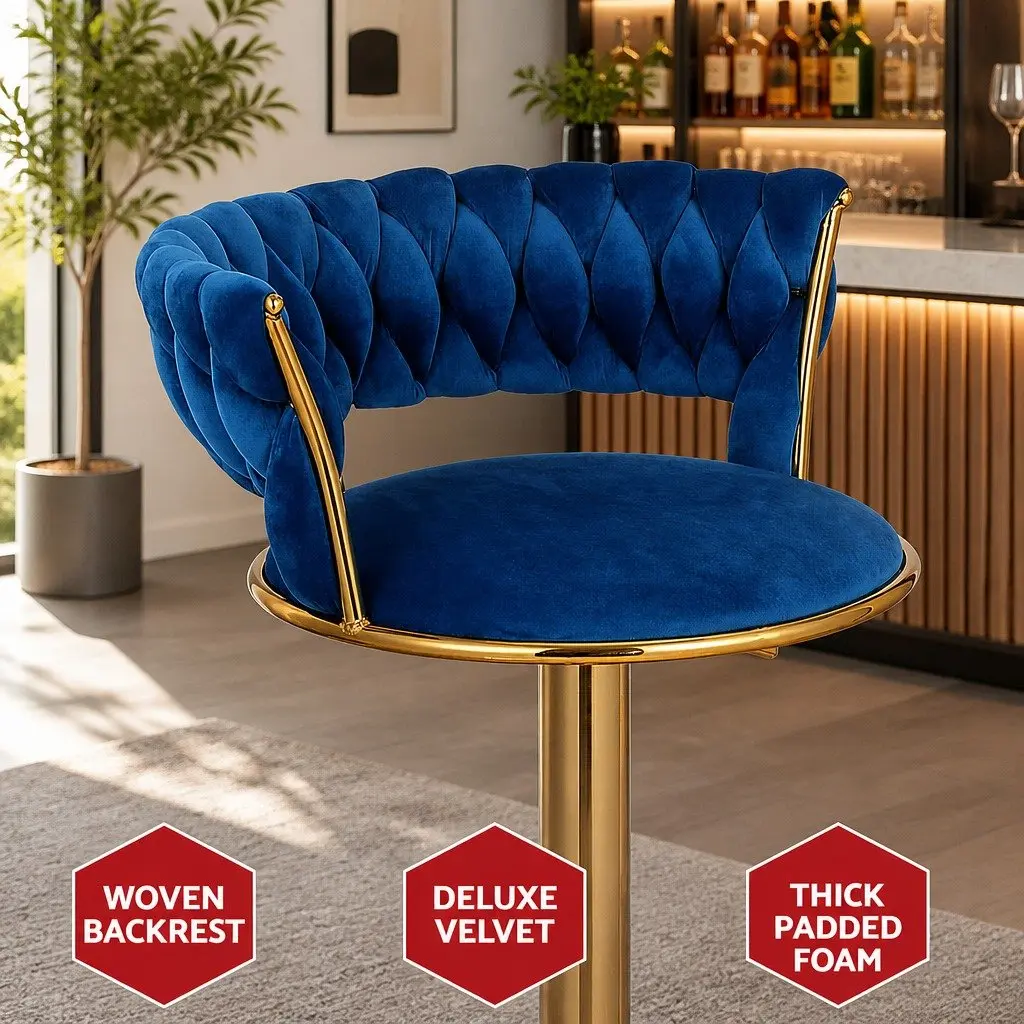 Bar Stools Velvet Adjustable Height Gas Lift Swivel Seat Navy Blue