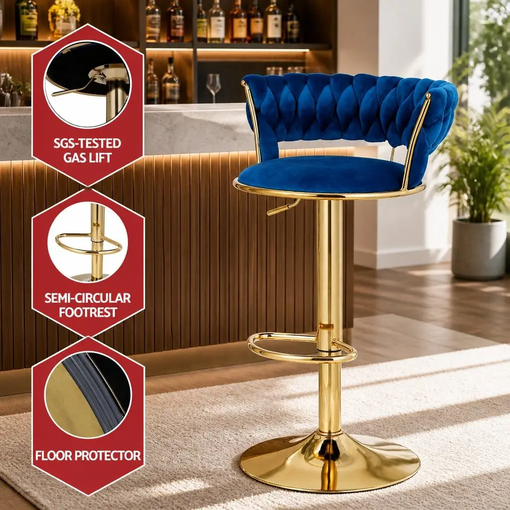 Bar Stools Velvet Adjustable Height Gas Lift Swivel Seat Navy Blue