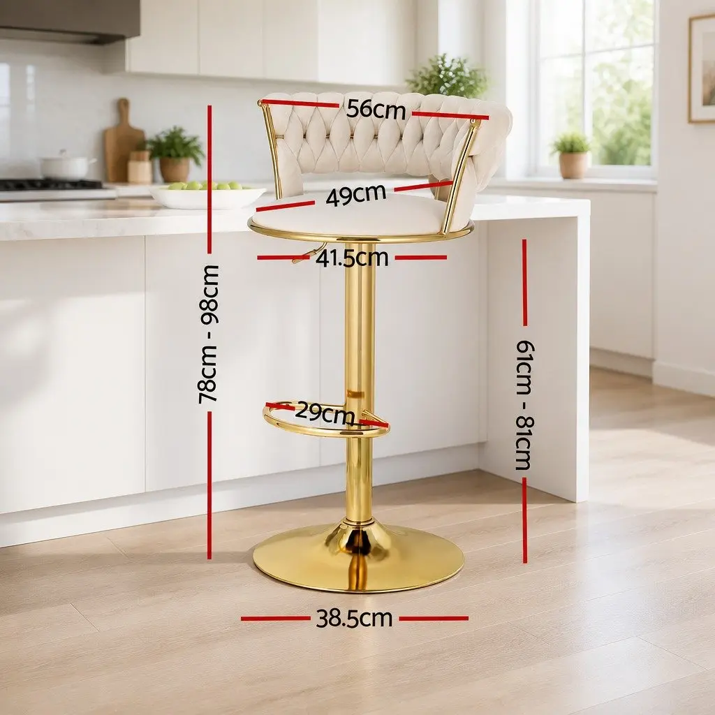 Bar Stools Velvet Woven Backrest Adjustable Height 61cm-81cm Ivory